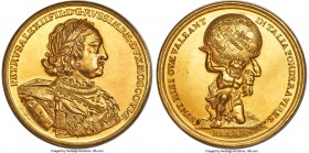 Peter I gold Late Restrike "Conquest of Livland" Medal 1710-Dated UNC (Surface Hairlines), cf. Diakov-38.3 (copy in silver), Reichel Collection-Unl. 4...