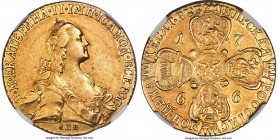 Catherine II gold 10 Roubles 1766-CПБ AU58 NGC, St. Petersburg mint, KM-C79a, Petrov-21 Rub., Bit-12 (R). Narrow bust variety. A type whose rarity in ...