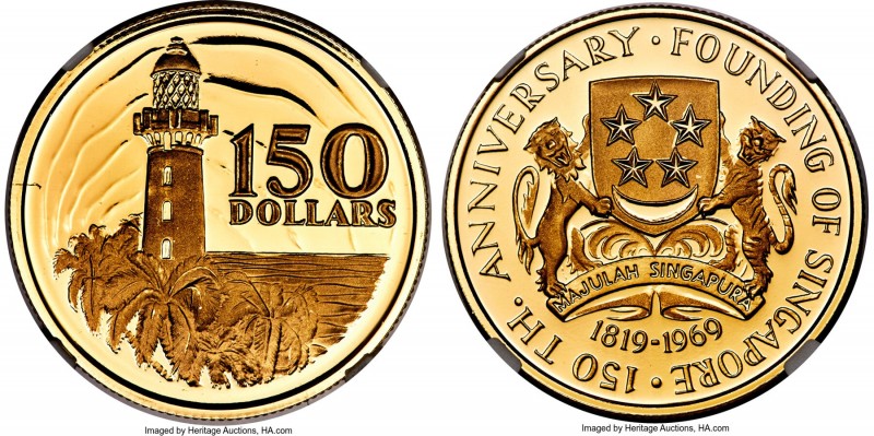 Republic gold Proof "Founding of Singapore" 150 Dollars ND (1969) PR69 Ultra Cam...