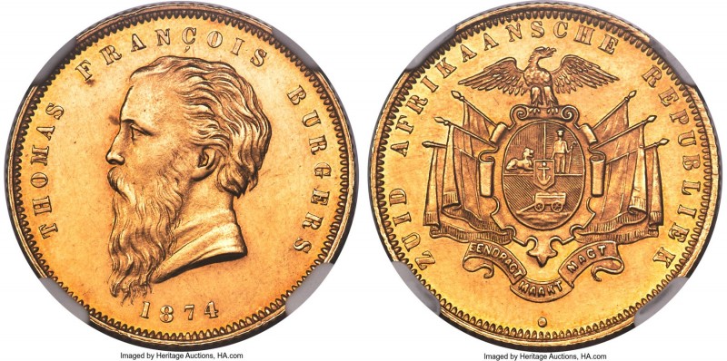 Transvaal. Republic gold "Fine Beard" Burgers Pond 1874 MS61 NGC, Heaton mint, K...