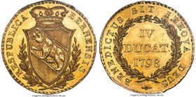 Bern. City gold 4 Ducat 1798 MS63 PCGS, KM155.2, Fr-177, HMZ-2-209l, Divo-473b. A type that can hardly be said to occur with any regularity in Choice ...
