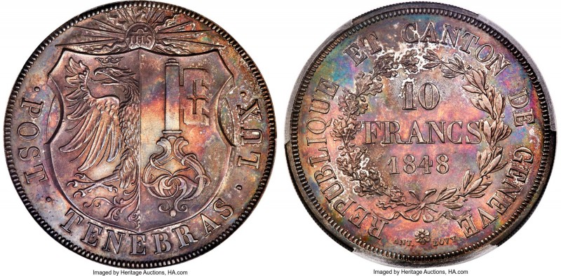 Geneva. Canton 10 Francs 1848 MS65 PCGS, KM138, Dav-374, HMZ-2-363a. Mintage: 38...