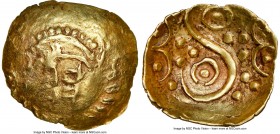 BRITAIN. Corieltavi. Ca. 60-20 BC. AV quarter-stater (16mm, 1.34 gm, 12h). NGC Choice XF 4/5 - 3/5, brushed. "Lindsey Scyphate" type, ca. 55-45 BC. St...