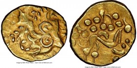 NORTHEAST GAUL. Ambiani. Ca. mid 1st century BC. AV stater (18mm, 6.38 gm, 12h). NGC XF 4/5 - 3/5. "Statère biface au flan court" type. Celticized lau...