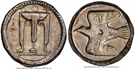 BRUTTIUM. Croton. Ca. 500-480 BC. AR stater (22mm, 7.62 gm, 3h). NGC Choice XF 5/5 - 3/5, scratch. ϘPO (on left), ornamented sacrificial tripod, legs ...