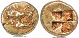 MYSIA. Cyzicus. Ca. 550-450 BC. EL 1/12 stater or hemihecte (9mm, 1.29 gm). NGC XF 5/5 - 3/5, brushed. Lion stalking left, head turned facing, tail tu...
