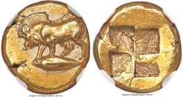 MYSIA. Cyzicus. Ca. 500-450 BC. EL sixth-stater or hecte (12mm, 2.65 gm). NGC AU 4/5 - 3/5, brushed. Boar standing left on tunny left / Quadripartite ...