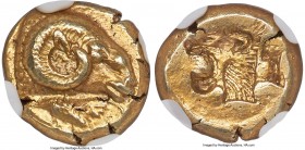 LESBOS. Mytilene. Ca. 521-478 BC. EL sixth-stater or hecte (11mm, 2.49 gm, 6h). NGC Choice AU 5/5 - 4/5. Head of ram right; rooster feeding left below...