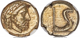 LESBOS. Mytilene. Ca. 377-326 BC. EL sixth-stater or hecte (11mm, 2.56 gm, 12h). NGC Choice AU 4/5 - 3/5, brushed, scuff. Laureate head of Zeus right ...