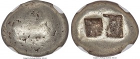 IONIA. Uncertain mint. Ca. 650-550 BC. EL third-stater or trite (13mm, 4.62 gm). NGC VF 5/5 - 4/5. Lydo-Milesian standard. Blank convex surface / Two ...