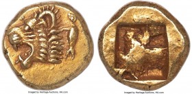 IONIA. Phocaea. Ca. 625-522 BC. EL 1/24 stater or myshemihecte (7mm, 0.65 gm). NGC Choice AU 5/5 - 3/5, brushed. Head of roaring lion left; seal upwar...