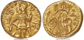 INDIA. Kushan Empire. Vasudeva I (ca. AD 191-230). AV dinar (23mm, 1h). ANACS AU 58. Main Bactrian mint (probably Balkh), late phase. ÞAONANOÞAO B-AZO...