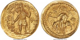INDIA. Kushan Empire. Vasudeva I (ca. AD 191-230+). AV dinar (24mm, 11h). ANACS AU 58. Main Bactrian mint (probably Balkh), late phase. ÞAONANOÞAO B-A...