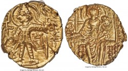 INDIA. Kushan Empire. Shaka (ca. AD 305-335). AV dinar (20mm, 1h). ANACS AU 58. Uncertain mint. Shaka standing facing, nimbate head left, sacrificing ...