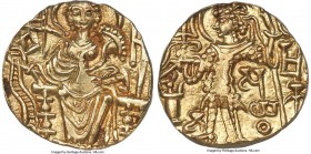 INDIA. Kushan Empire. Shaka (ca. AD 305-335). AV dinar (19mm, 12h). ANACS AU 58. Uncertain mint. Shaka standing facing, nimbate head left, sacrificing...