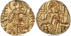 INDIA. Kushan Empire. Shaka (ca. AD 305-335). AV dinar (19mm, 12h). ANACS AU 55. Uncertain mint. Shaka standing facing, nimbate head left, sacrificing...