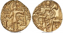 INDIA. Kushan Empire. Shaka (ca. AD 305-335). AV dinar (19mm, 12h). ANACS AU 50. Uncertain mint. Shaka standing facing, nimbate head left, sacrificing...