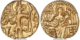 INDIA. Kushan Empire. Shaka (ca. AD 305-335). AV dinar (19mm, 11h). ANACS AU 50. Uncertain mint. Shaka standing facing, nimbate head left, sacrificing...