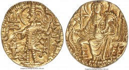 INDIA. Kushan Empire. Shaka (ca. AD 305-335). AV dinar (20mm, 12h). ANACS AU 55. Uncertain mint. Shaka standing facing, nimbate head left, sacrificing...
