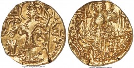 INDIA. Kushan Empire. Shaka (ca. AD 305-335). AV dinar (19mm, 1h). ANACS AU 55. Uncertain mint. Shaka standing facing, nimbate head left, sacrificing ...
