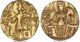 INDIA. Kushan Empire. Shaka (ca. AD 305-335). AV dinar (19mm, 1h). ANACS AU 50. Uncertain mint. Shaka standing facing, nimbate head left, sacrificing ...