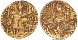 INDIA. Hunnic Tribes. Kidarites. Time of Peroz (ca. AD 320-350). AV dinar (21mm, 12h). ANACS VF 35. Gandhara. Peroz standing facing, nimbate head left...