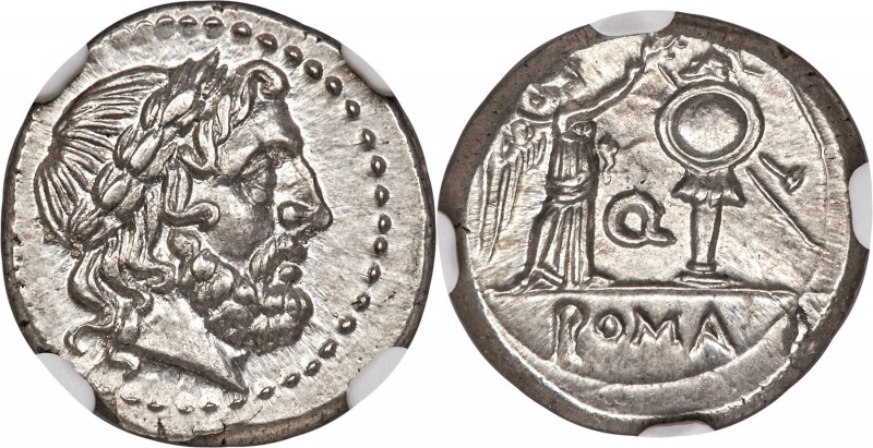 Anonymous. Ca. 211-208 BC. AR victoriatus (16mm, 3.08 gm, 11h). NGC Choice MS 5/...