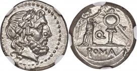 Anonymous. Ca. 211-208 BC. AR victoriatus (16mm, 3.08 gm, 11h). NGC Choice MS 5/5 - 5/5, Fine Style. Apulia, Q series. Laureate head of Jupiter right ...