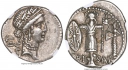 Julius Caesar, as Dictator (49-44 BC). AR denarius (19mm, 3.64 gm, 2h). NGC Choice XF 5/5 - 4/5. Military mint traveling with Caesar in Greece, Apollo...