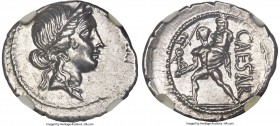 Julius Caesar, as Dictator (49-44 BC). AR denarius (20mm, 3.85 gm, 6h). NGC AU 5/5 - 4/5. Military mint traveling with Caesar in North Africa, 48-46 B...