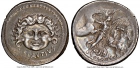 L. Plautius Plancus (47 BC). AR denarius (19mm, 4.05 gm, 7h). NGC (photo-certificate) AU 4/5 - 5/5. Rome. L•PLAVTIVS, head of Medusa facing, coiled sn...