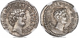 Marc Antony and Octavian, as Imperators and Triumvirs (43-33 BC). AR denarius (18mm, 3.91 gm, 12h). NGC XF 5/5 - 5/5. Ephesus, 41 BC, M. Barbatius Pol...