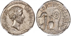 Octavian, as Imperator and Triumvir (43-33 BC). AR denarius (19mm, 3.88 gm, 12h). NGC XF 5/5 - 4/5. Uncertain mint in Italy, 37 BC. IMP•CAESAR-DIVI•F•...