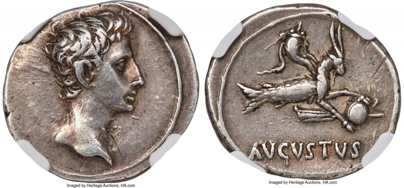 Augustus (27 BC-AD 14). AR denarius (21mm, 3.71 gm, 6h). NGC XF 5/5 - 3/5, graff...