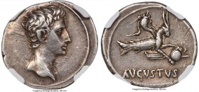 Augustus (27 BC-AD 14). AR denarius (21mm, 3.71 gm, 6h). NGC XF 5/5 - 3/5, graffito, marks. Spain (Colonia Patricia?), ca. 17-16 BC. Bare head of Augu...