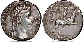 Augustus (27 BC-AD 14). AR denarius (18mm, 3.86 gm, 2h). NGC Choice XF 4/5 - 3/5, brushed. Lugdunum, 8 BC. DIVI•F-AVGVSTVS, laureate head of Augustus ...