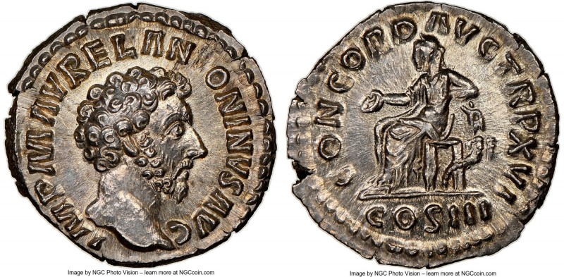 Marcus Aurelius (AD 161-180). AR denarius (19mm, 3.32 gm, 6h). NGC Choice MS 5/5...