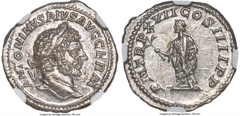 Caracalla (AD 198-217). AR denarius (19mm, 2.97 gm, 2h). NGC Choice MS S 5/5 - 5...