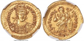 Theodosius II, Eastern Roman Empire (AD 402-450). AV solidus (21mm, 4.44 gm, 7h). NGC MS 5/5 - 4/5. Constantinople, 9th officina, ca. AD 430-440. D N ...
