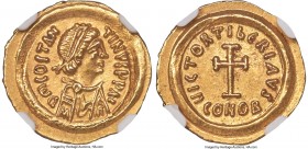 Tiberius II Constantine (AD 578-582). AV tremissis (16mm, 1.50 gm, 6h). NGC MS S 5/5 - 4/5. Ravenna. D m COSTAN-TINVS PP AI, pearl-diademed, draped an...