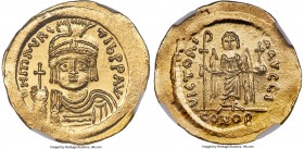 Maurice Tiberius (AD 582-602). AV solidus (22mm, 4.45 gm, 6h). NGC Choice MS 5/5 - 4/5. Constantinople, 10th officina. o N mAVRC-TIb PP AVG, draped an...