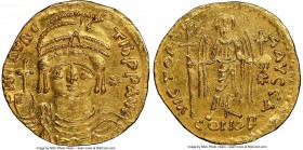 Maurice Tiberius (AD 582-602). AV light-weight solidus of 23 siliquae (20mm, 4.25 gm, 6h). NGC MS 5/5 - 4/5. Theoupolis (Antioch), 1st officina. o N m...