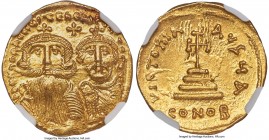Heraclius (AD 610-641), with Heraclius Constantine. AV solidus (20mm, 4.48 gm, 7h). NGC Choice MS 5/5 - 5/5. Constantinople, 1st officina, AD 629-631....