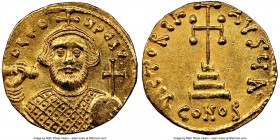 Leontius (AD 695-698). AV solidus (19mm, 4.42 gm, 5h). NGC Choice MS 5/5 - 5/5. Constantinople, 1st officina. D LЄO-N PЄ AV, bust of Leontius facing, ...