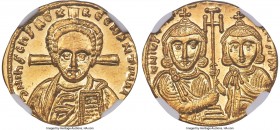Justinian II Rhinotmetus, Second Reign (AD 705-711). AV solidus (20mm, 4.46 gm, 6h). NGC MS 5/5 - 4/5. Constantinople, AD 705-706. d N IhS ChS RЄX-RЄG...