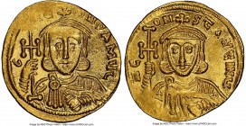 Constantine V Copronymus (AD 740/1-775), with Leo III. AV solidus (20mm, 4.48 gm, 6h). NGC Choice MS 4/5 - 5/5. Constantinople, AD 742-751. G-LЄ-ON P ...