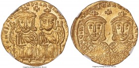 Constantine VI (AD 780-797), with Leo IV the Khazar, Leo III, and Constantine V. AV solidus (22mm, 4.45 gm, 7h). NGC MS 4/5 - 4/5. Constantinople, AD ...