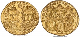 Constantine VI and Irene (AD 787-797), with Leo III, Constantine V, and Leo IV. AV solidus (23mm, 4.46 gm, 6h). NGC Choice AU 4/5 - 4/5. Constantinopl...