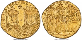 Constantine VI and Irene (AD 787-797), with Leo III, Constantine V, and Leo IV. AV solidus (20mm, 4.41 gm, 6h). NGC XF 4/5 - 4/5, clipped. Constantino...
