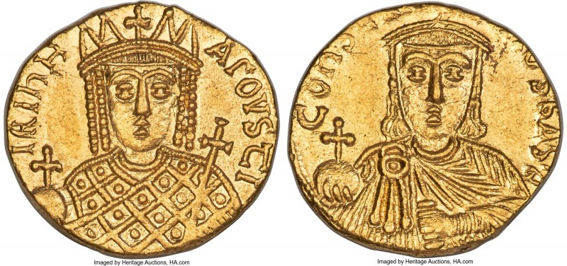 Constantine VI and Irene (AD 780-797). AV solidus (19mm, 4.47 gm, 7h). NGC MS 4/...